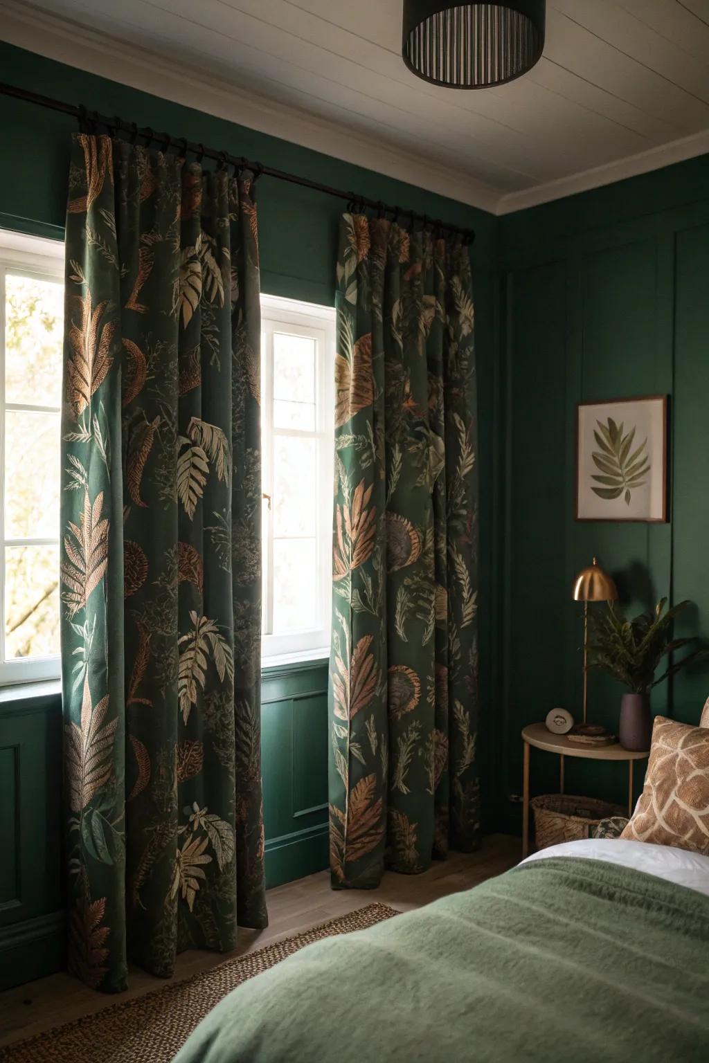 A dark green bedroom with botanical print curtains adding a touch of nature.