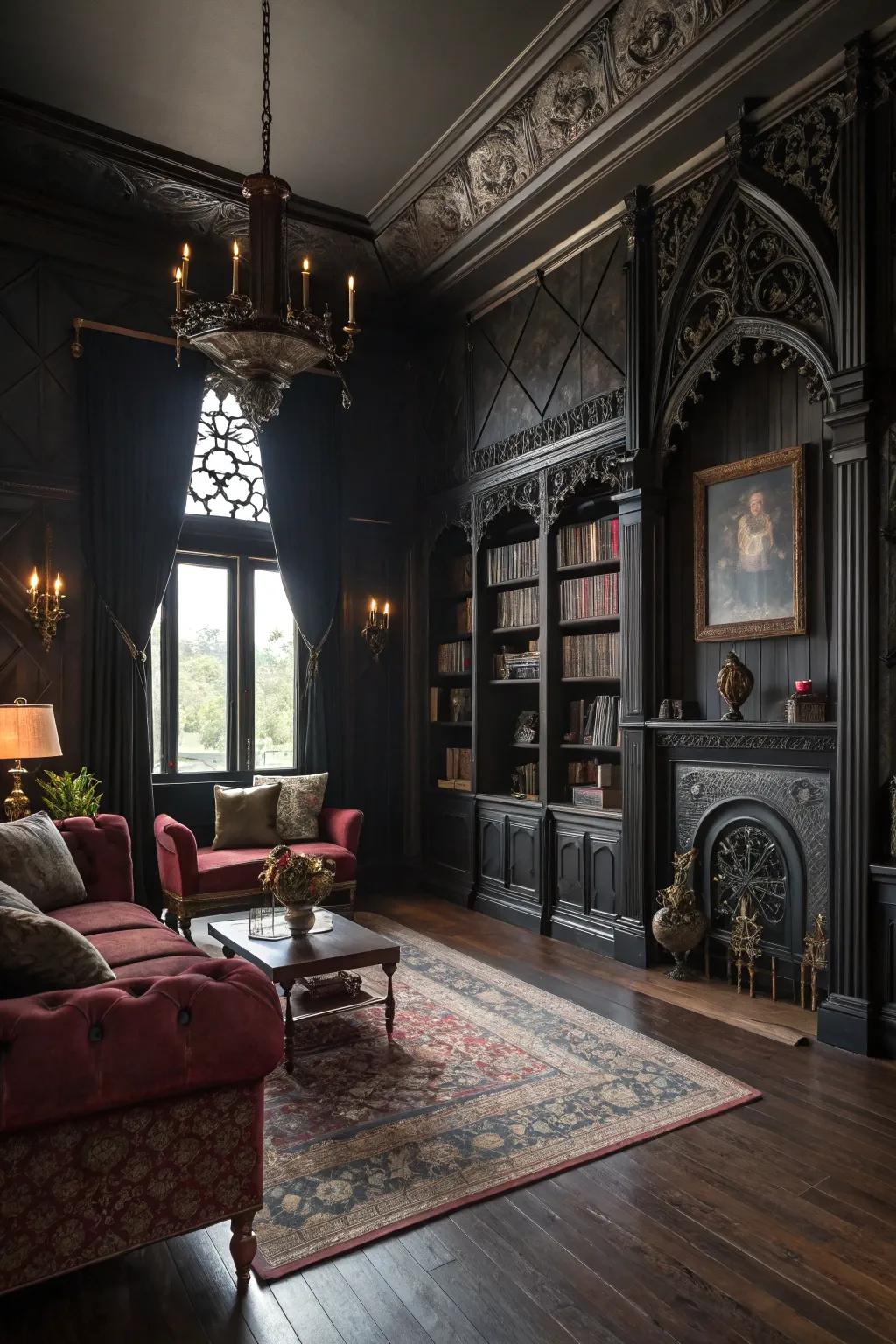 A gothic-inspired living room with dark wood floors and antique accents.