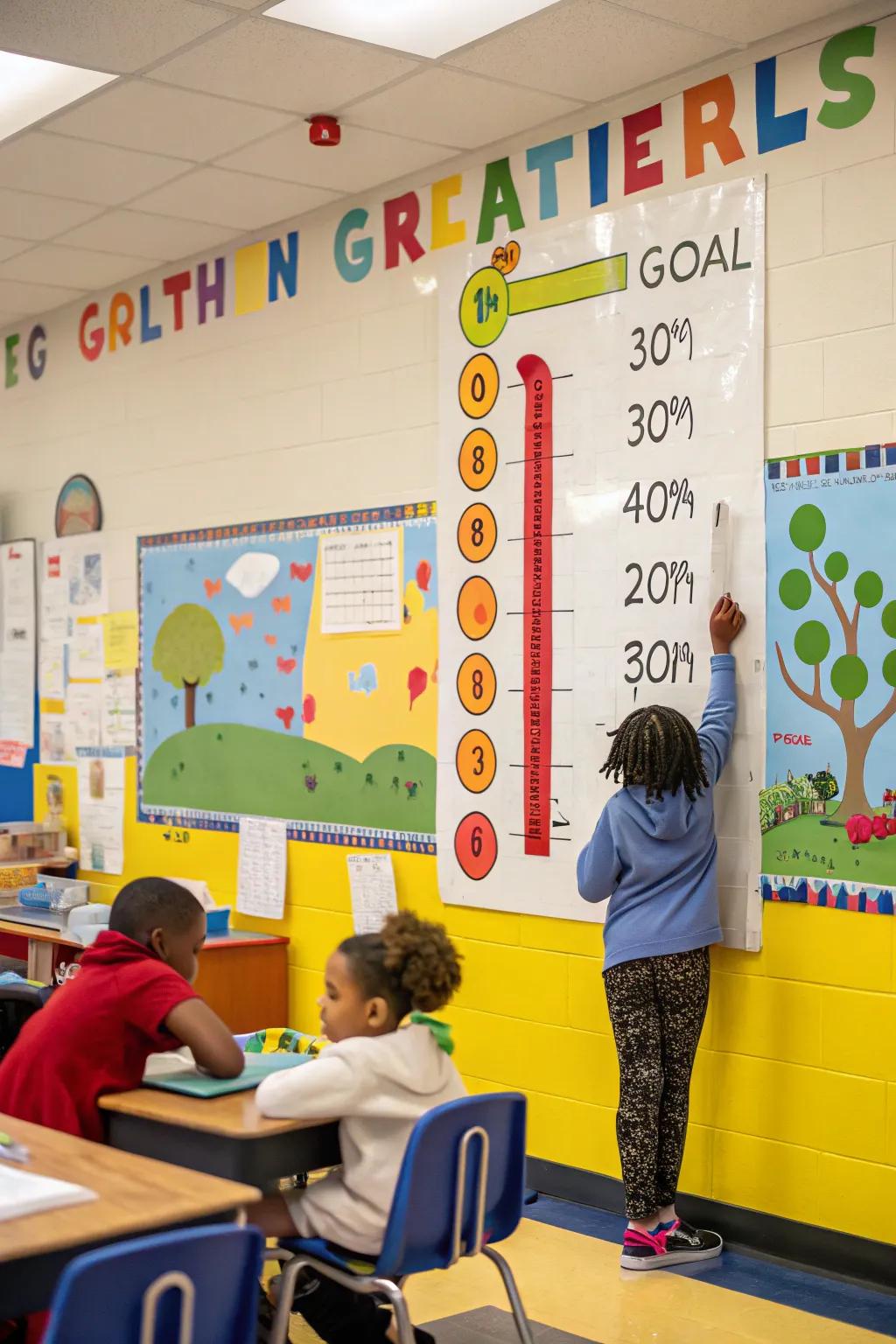 A data wall with a thermometer graphic showing goal progress.