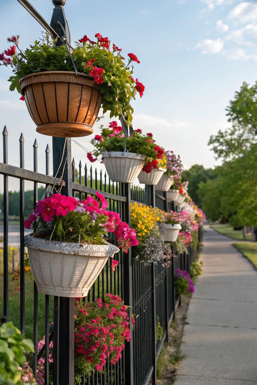 Hanging decorations maximize the use of vertical space on your fence.