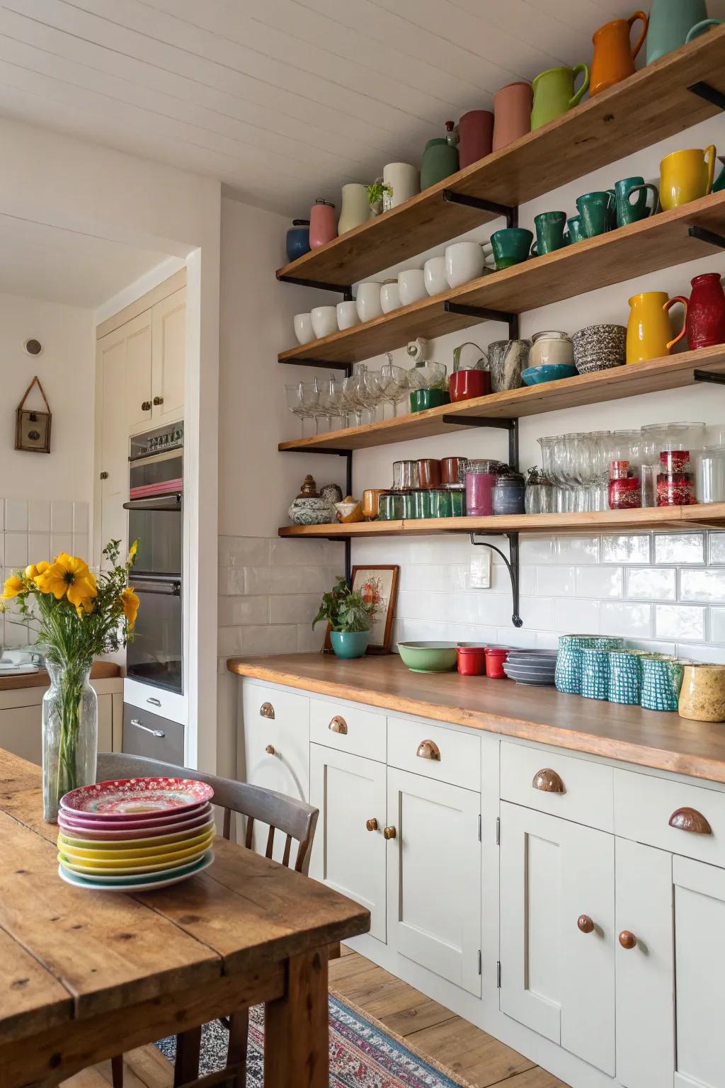 Open shelving showcases items while keeping spaces light.