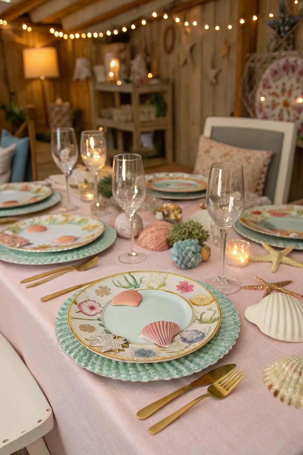 Seaside-themed charger plates for a whimsical touch.