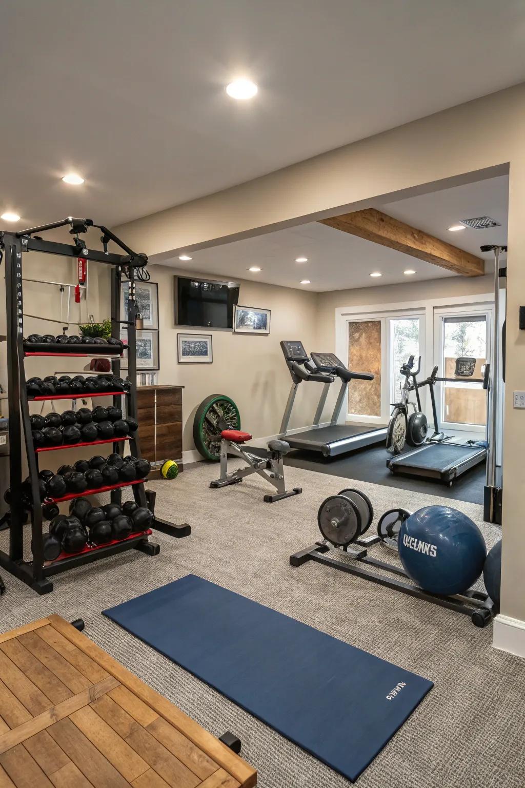 A multi-use home gym with dedicated spaces for various exercises.