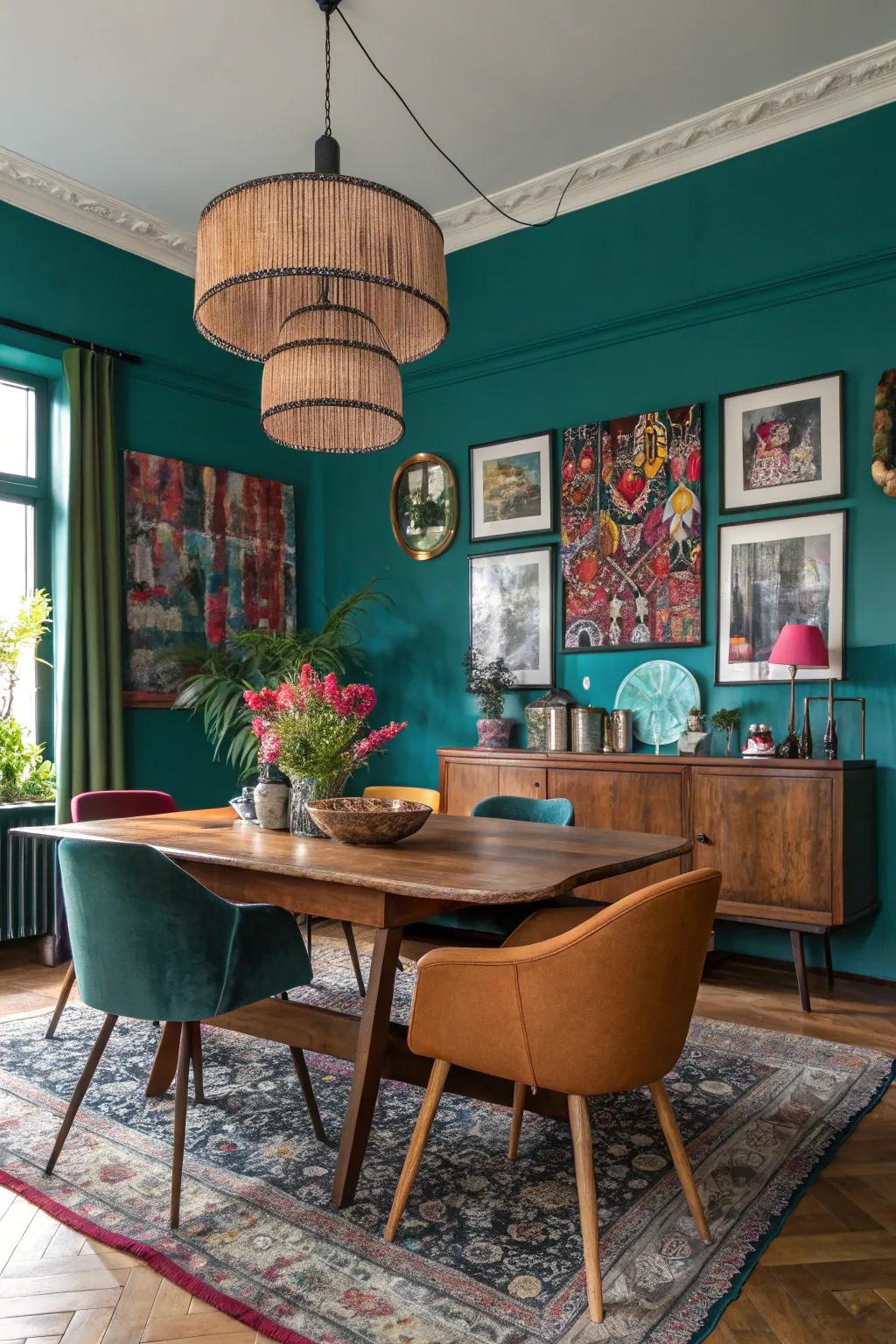 A vibrant dining room enhanced by the striking hue of teal.