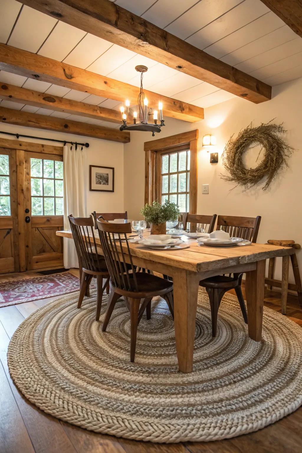 Braided rugs adding rustic charm to the dining room.