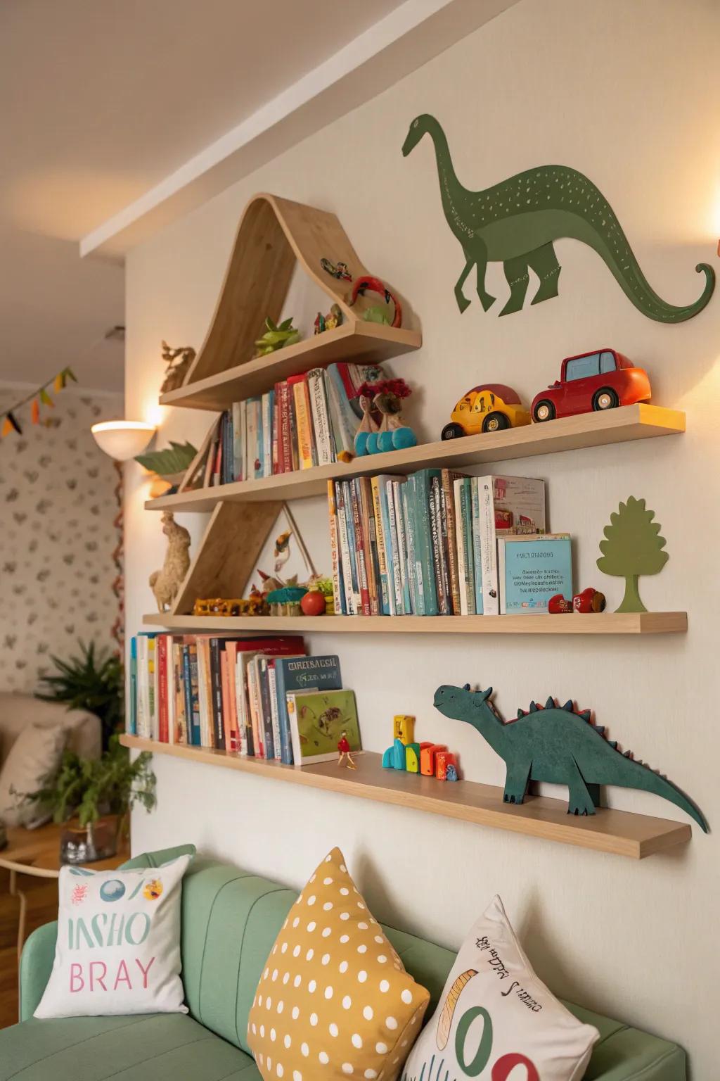 Dinosaur-shaped wall shelves adding personality to decor.