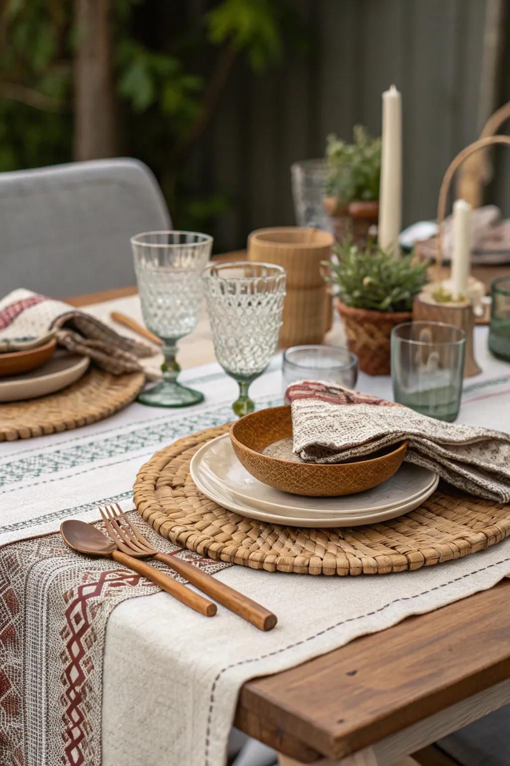 Layered textures using fabrics, glass, and wood create a rich and inviting table setting.