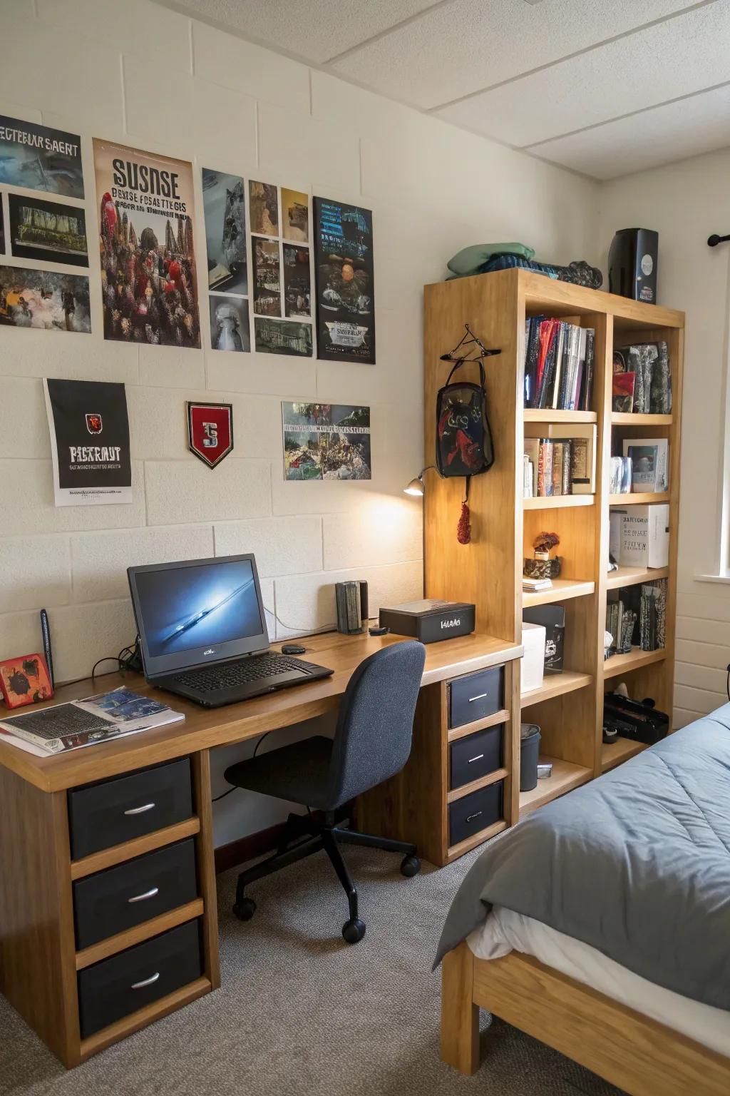 A tech-friendly dorm room setup with organized space for electronics.