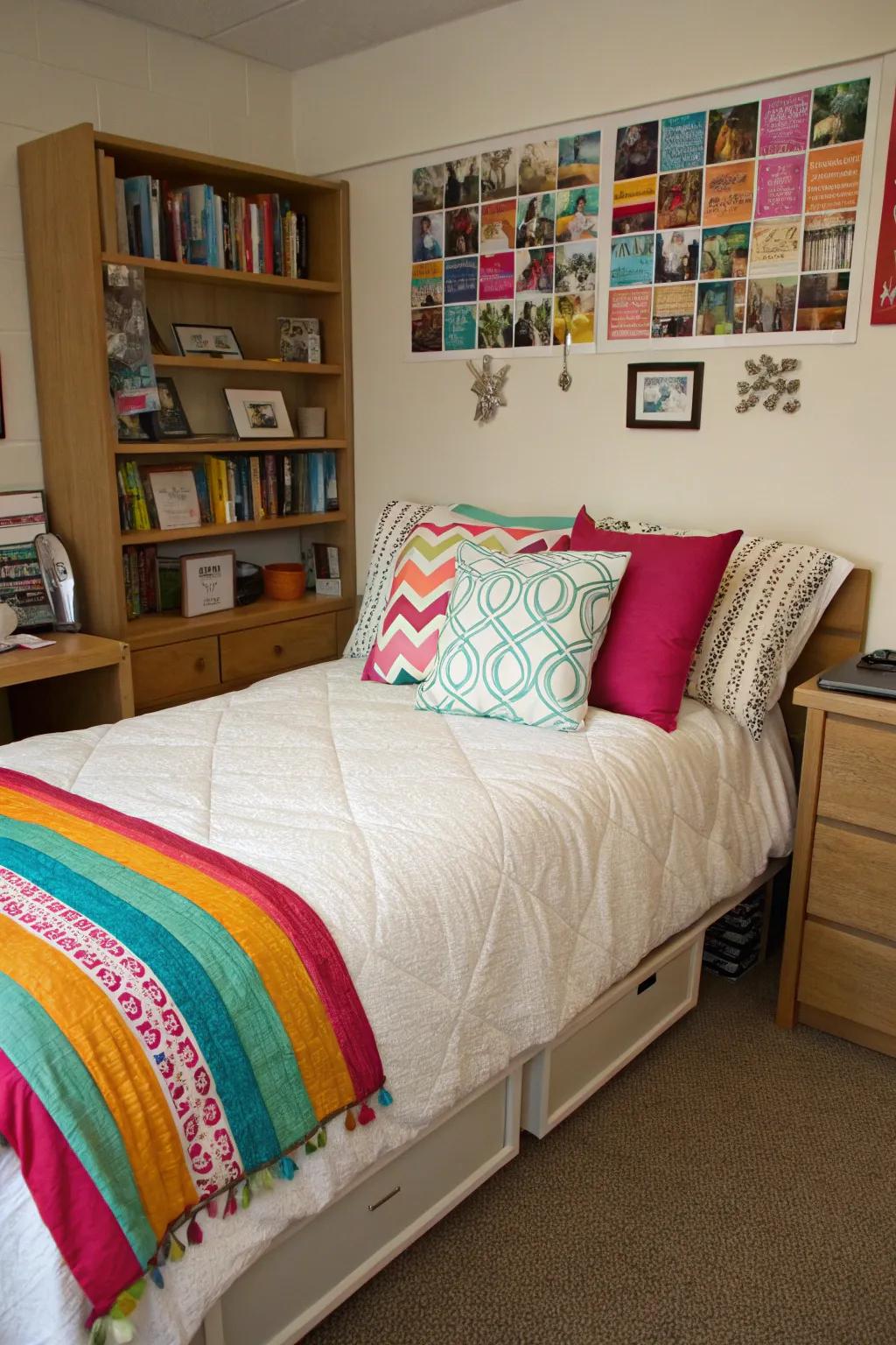 Throw pillows add color and comfort to your dorm room.