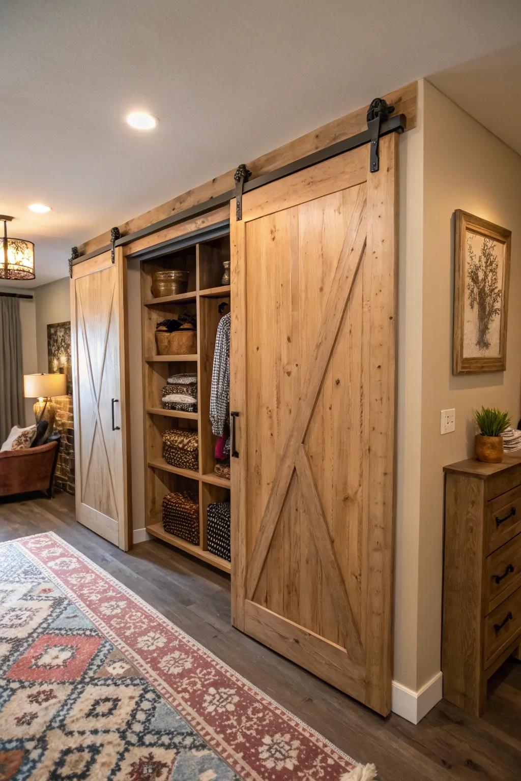 Sliding barn doors bring rustic elegance to a double closet.