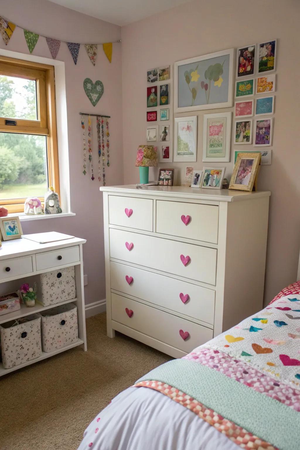 A DIY-updated dresser showcasing unique style in a small bedroom.