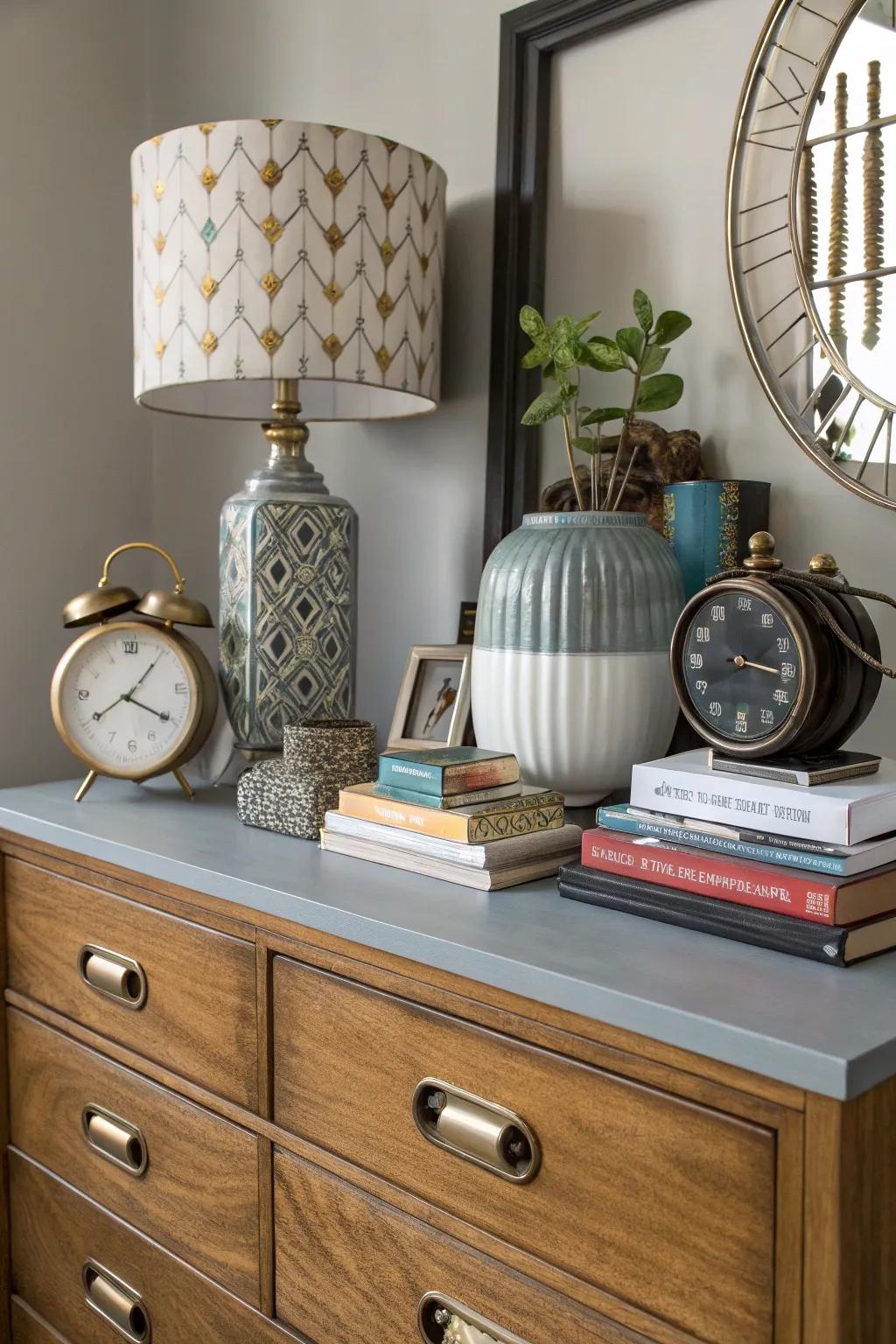 An eclectic mix brings unique charm to your dresser.