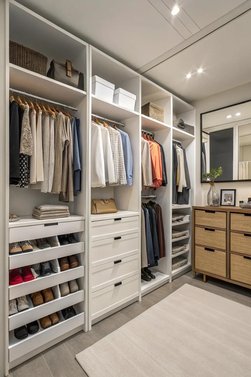 Smart storage solutions keep your dressing room organized and clutter-free.