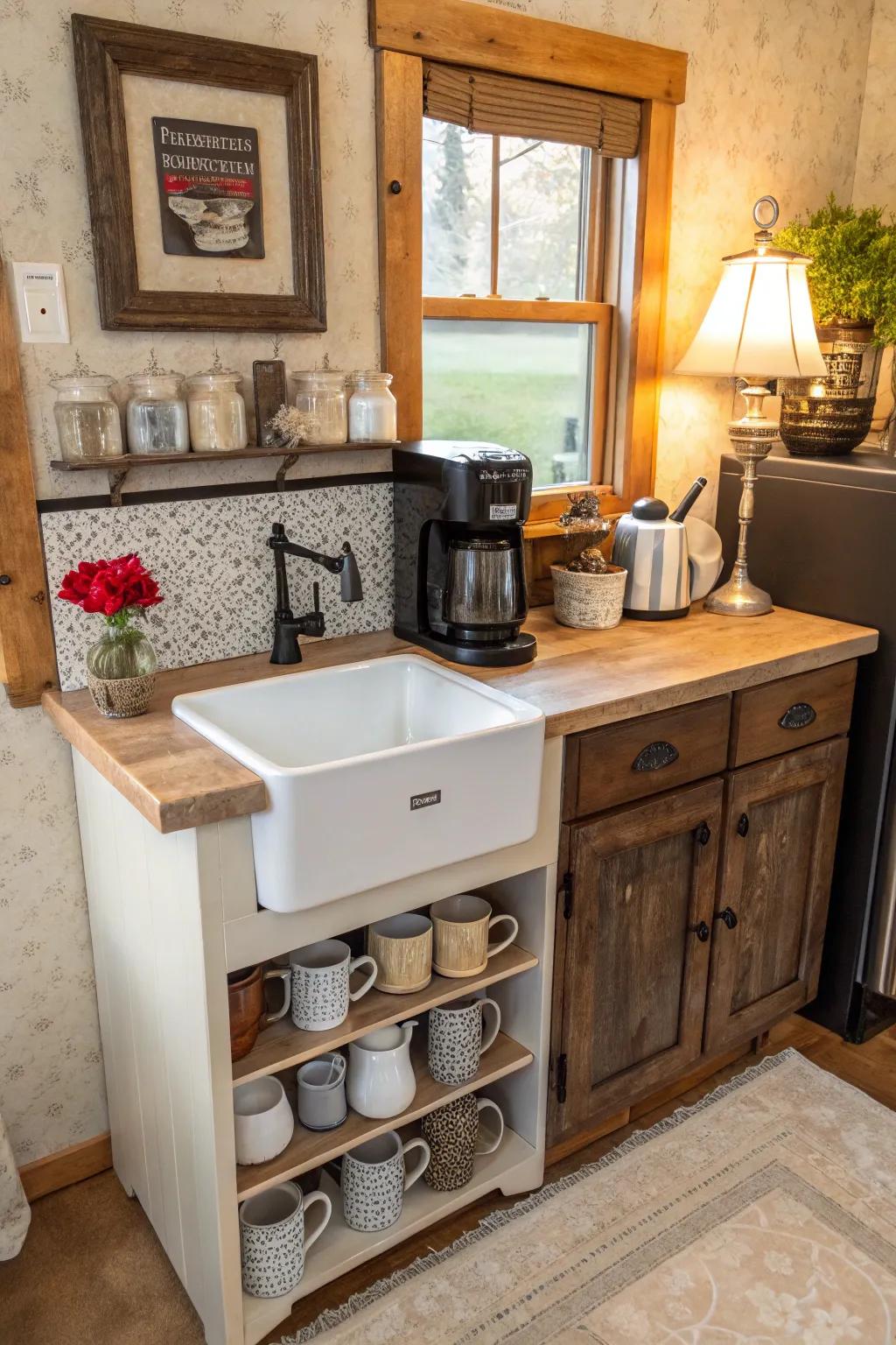 A cozy coffee station created from a vintage dry sink.