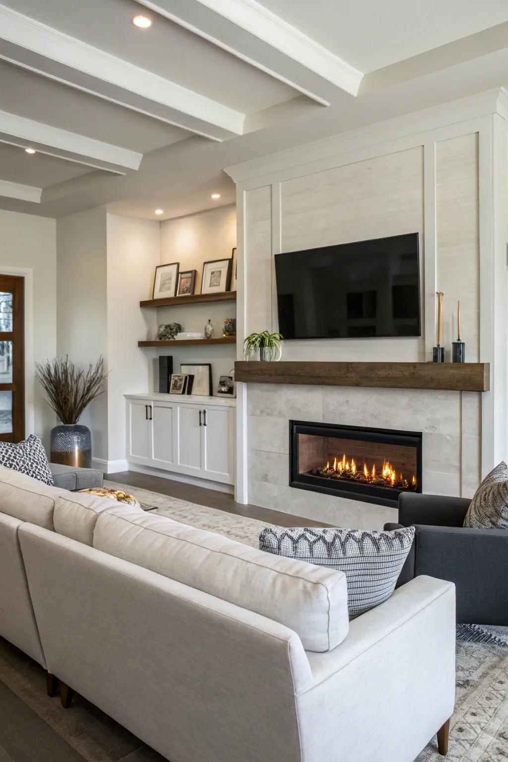 A drywall fireplace with integrated TV for a modern entertainment area.