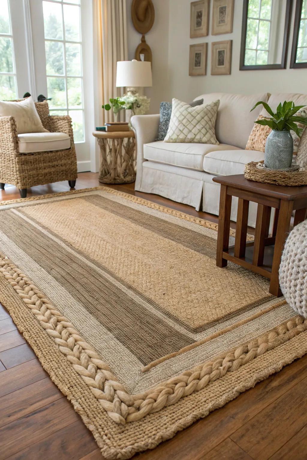 Living room featuring layered natural fiber rugs.