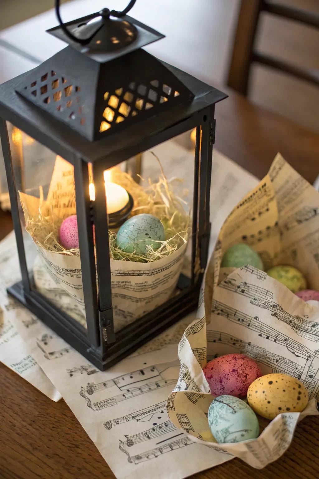 Vintage sheet music adds a nostalgic twist to lanterns.