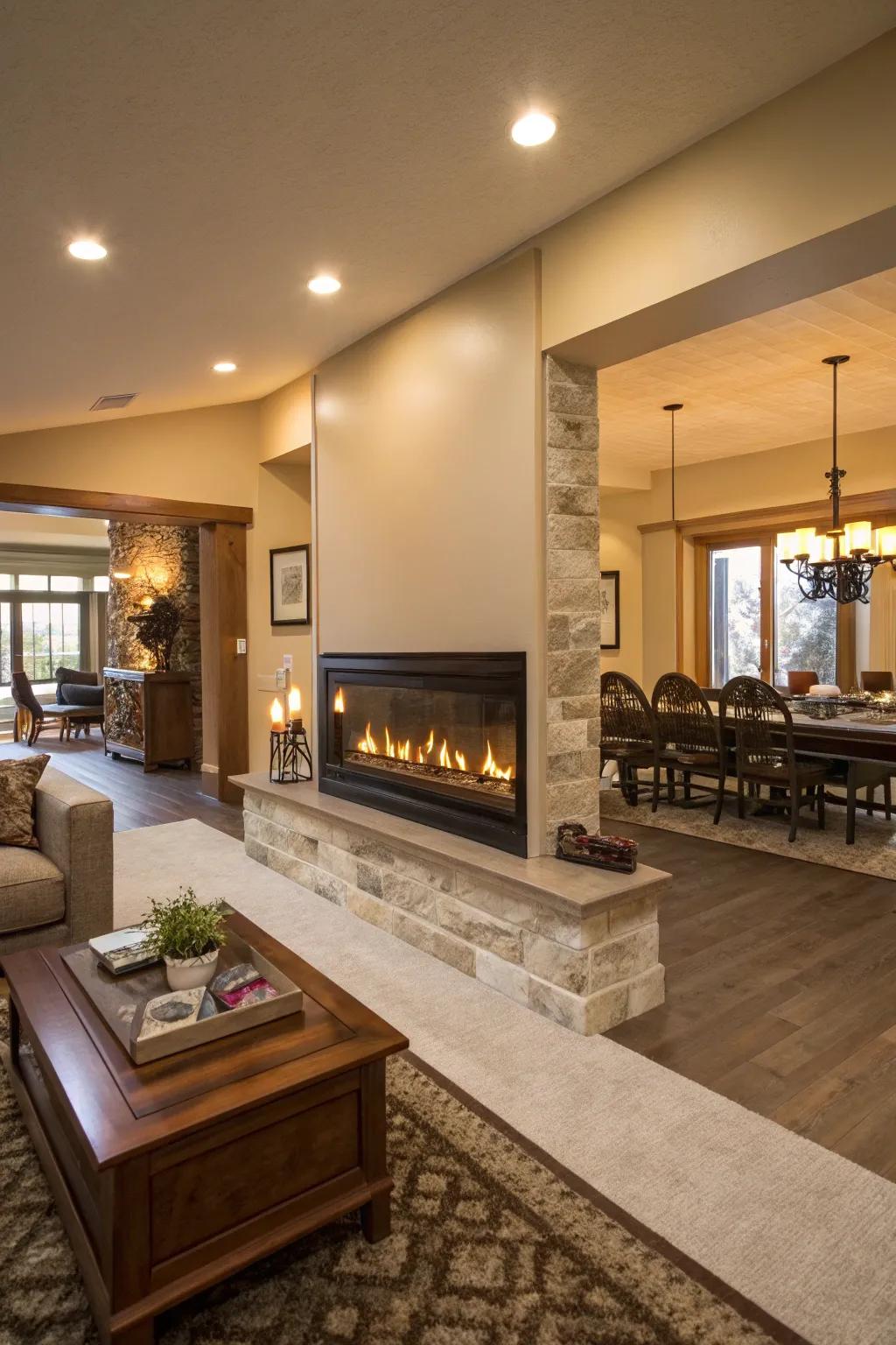 A double-sided electric fireplace serves two spaces beautifully.