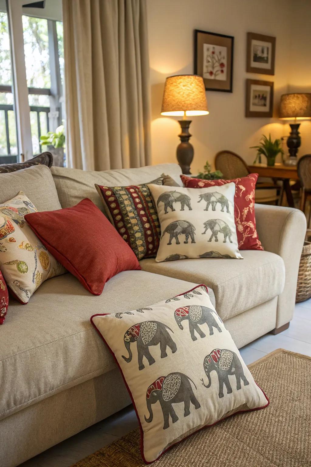 Elephant print pillows offer a subtle and charming touch to your decor.