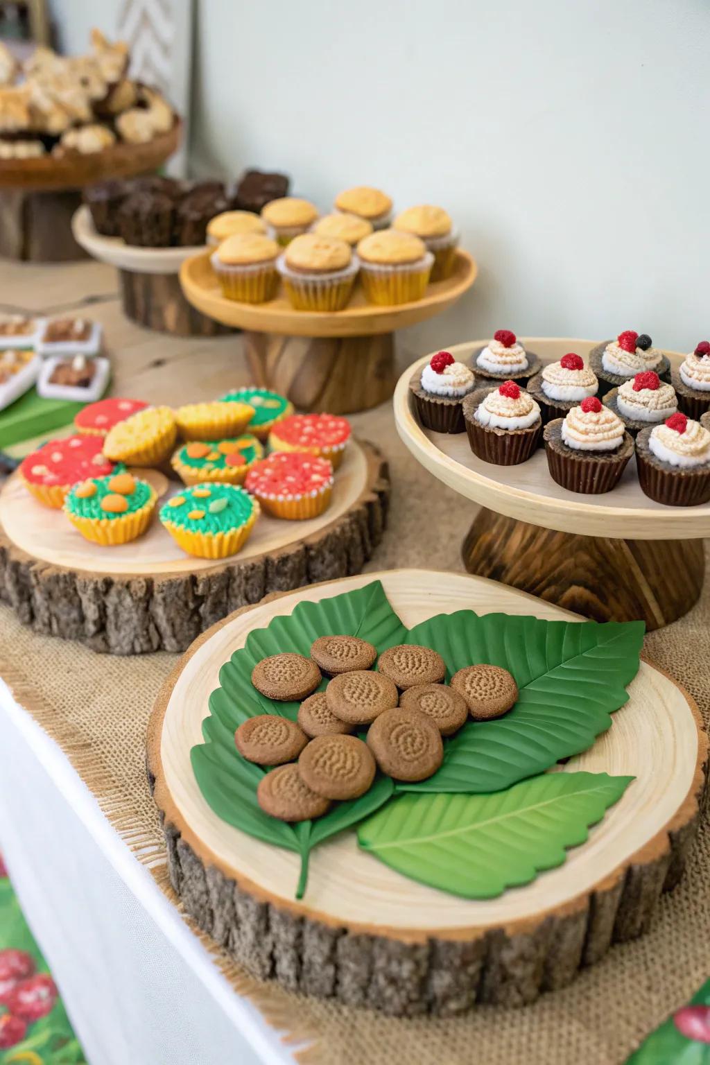 Themed treats served on nature-inspired platters add to the magic.