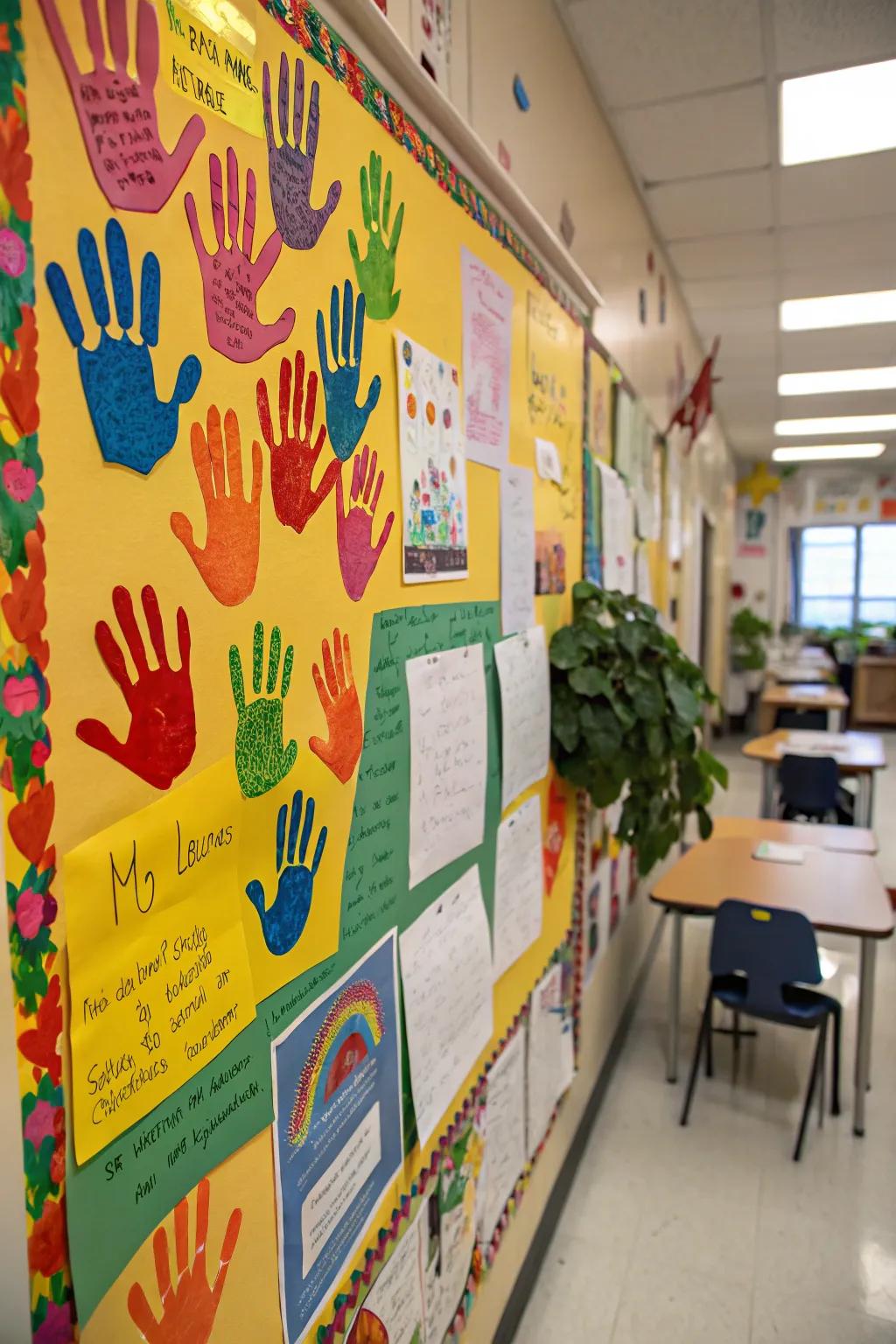 A personal board featuring student handprints and messages.