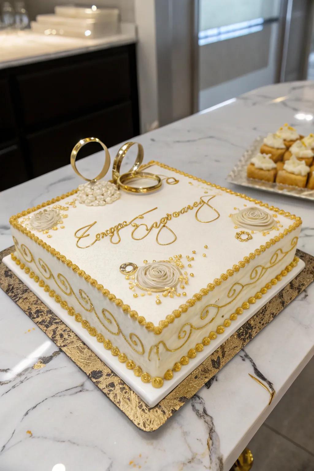 An engagement sheet cake with glamorous metallic accents.