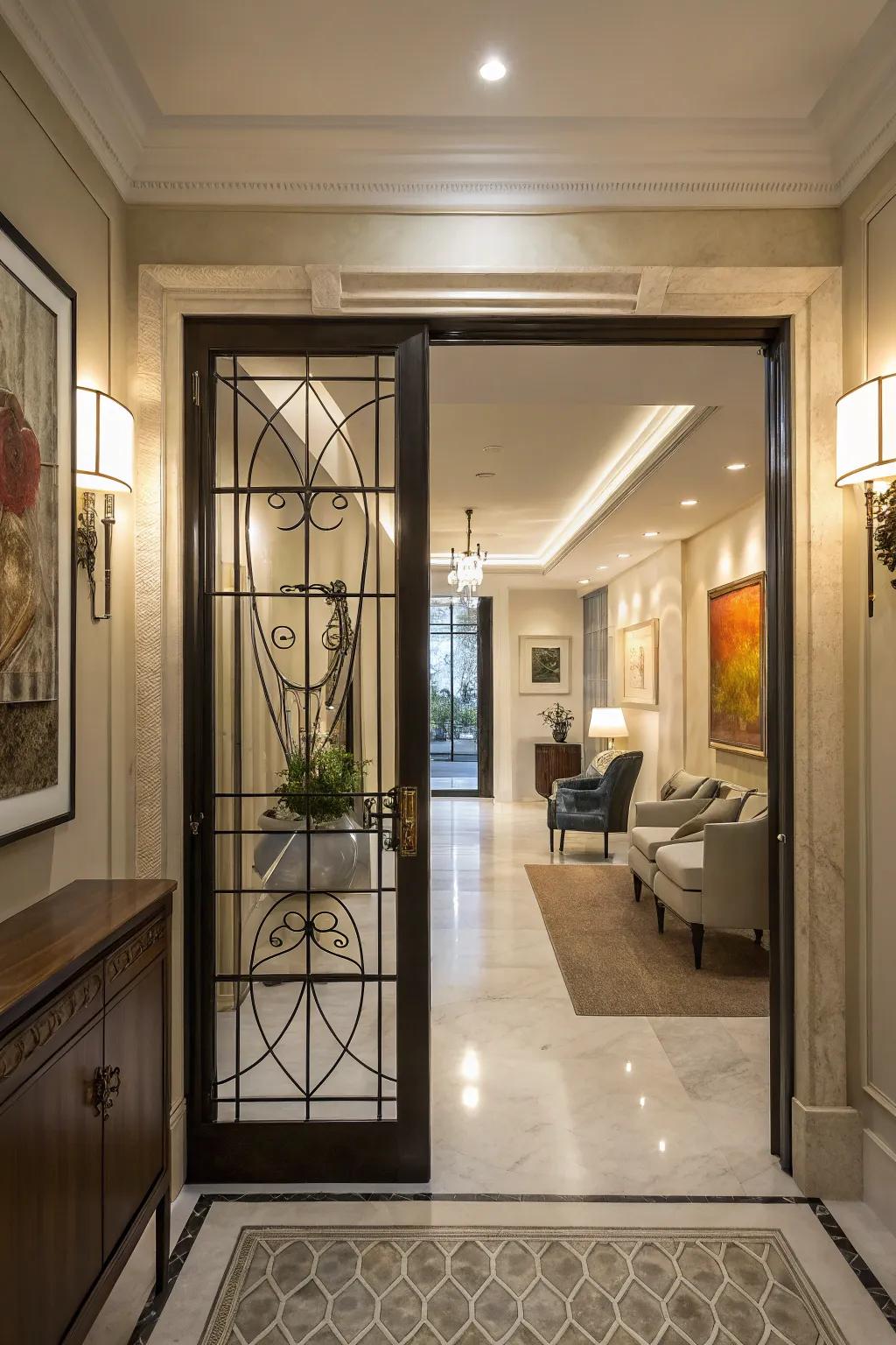 A glass panel door invites light and style into the entry hallway.