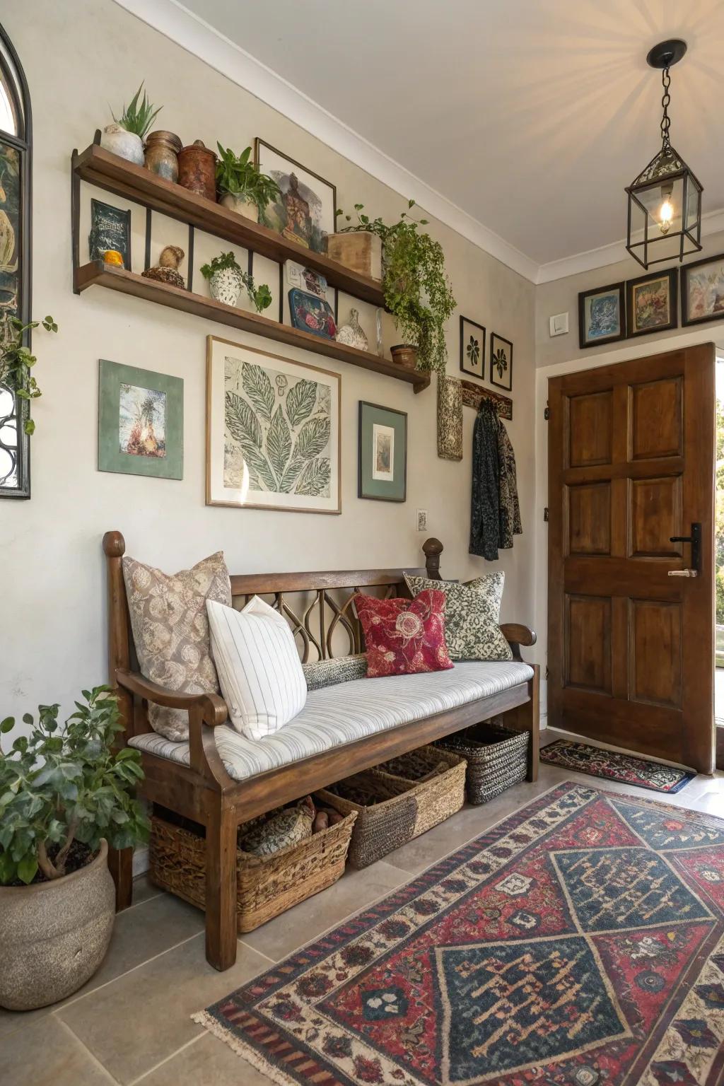 A vintage wooden bench adds character and charm to this eclectic entryway.