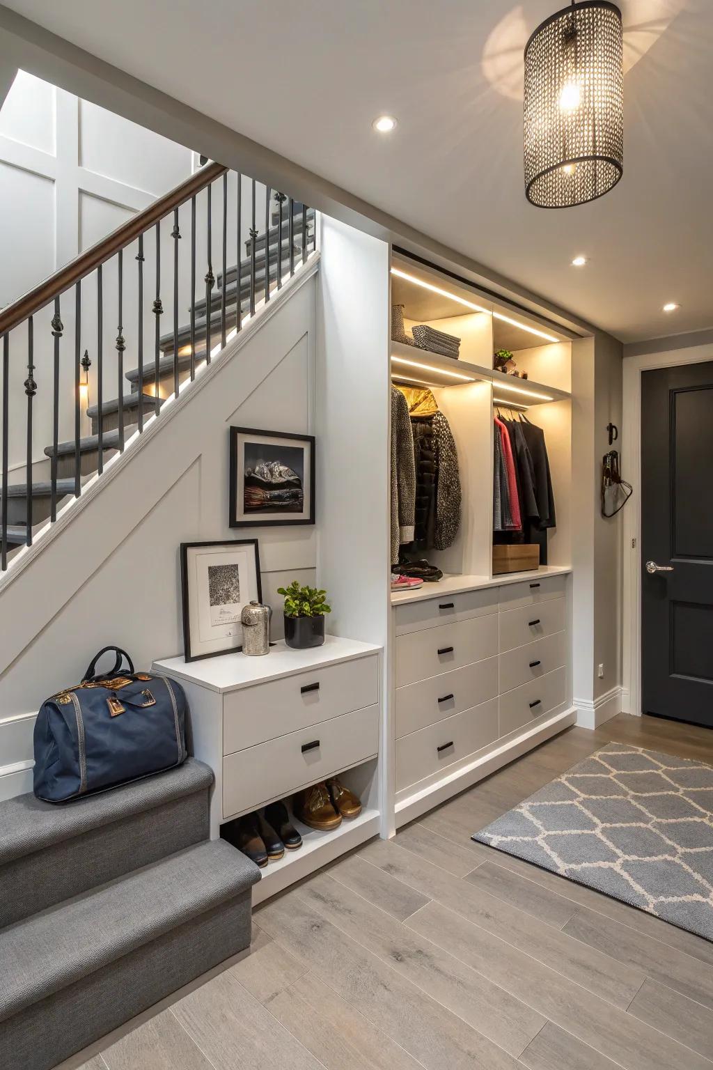 Under stairs closets make smart use of otherwise wasted space.