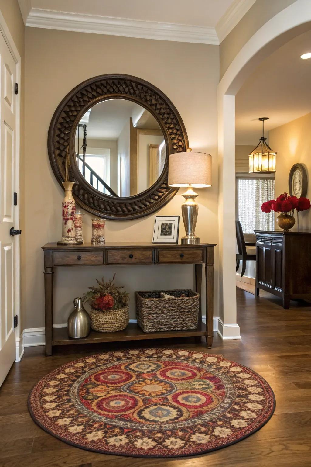 Round rugs add balance and an unexpected twist to any entryway.