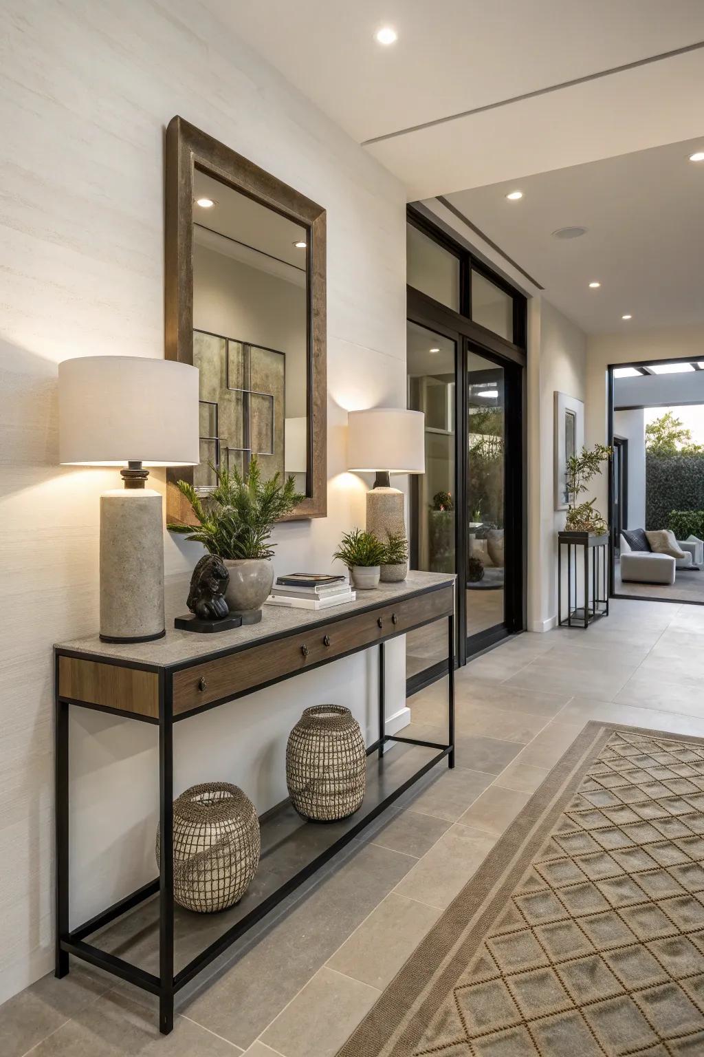 An entryway with a slim console table, combining functionality and style.