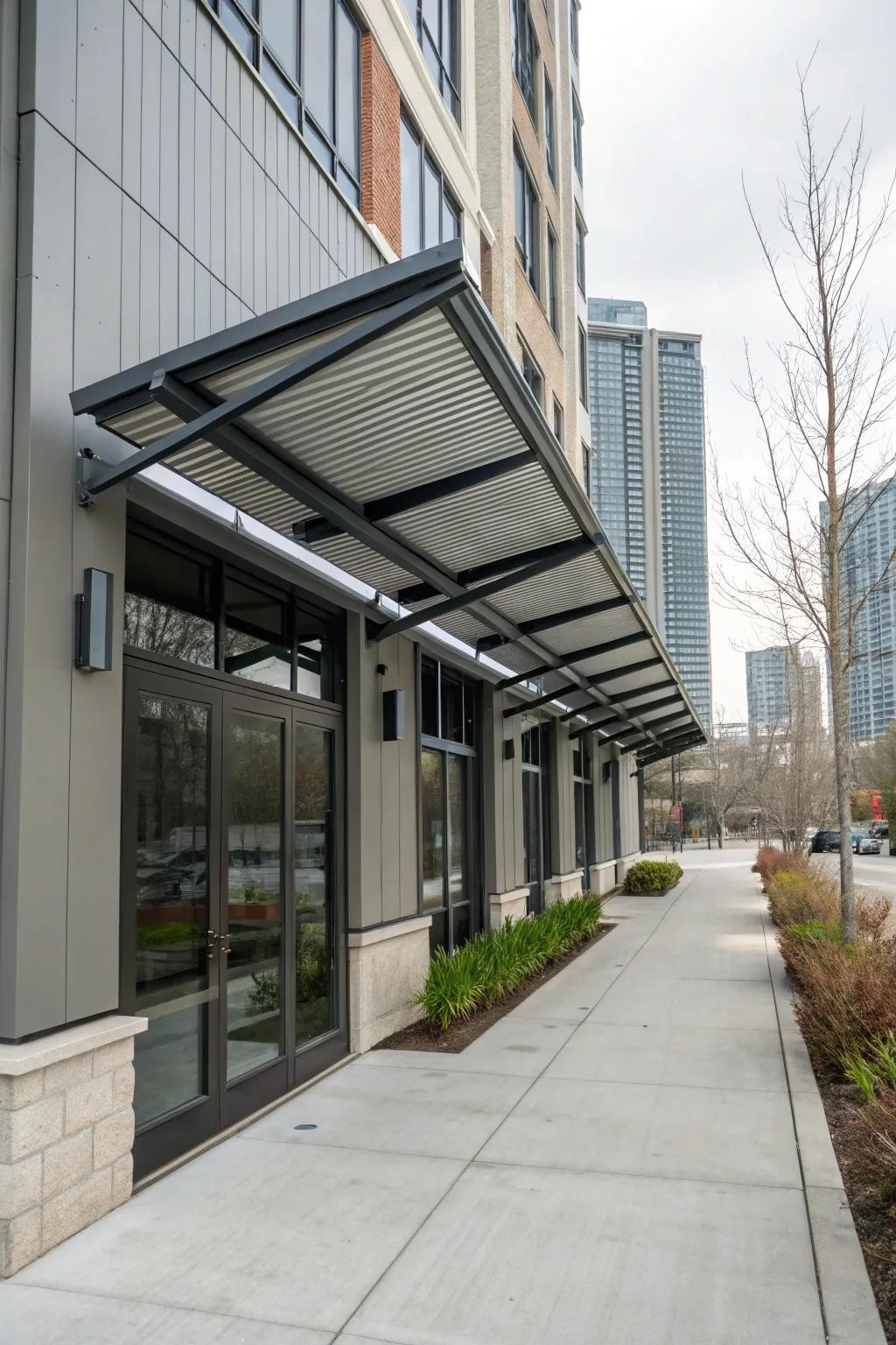 Industrial-style awnings bring urban chic to residential exteriors.