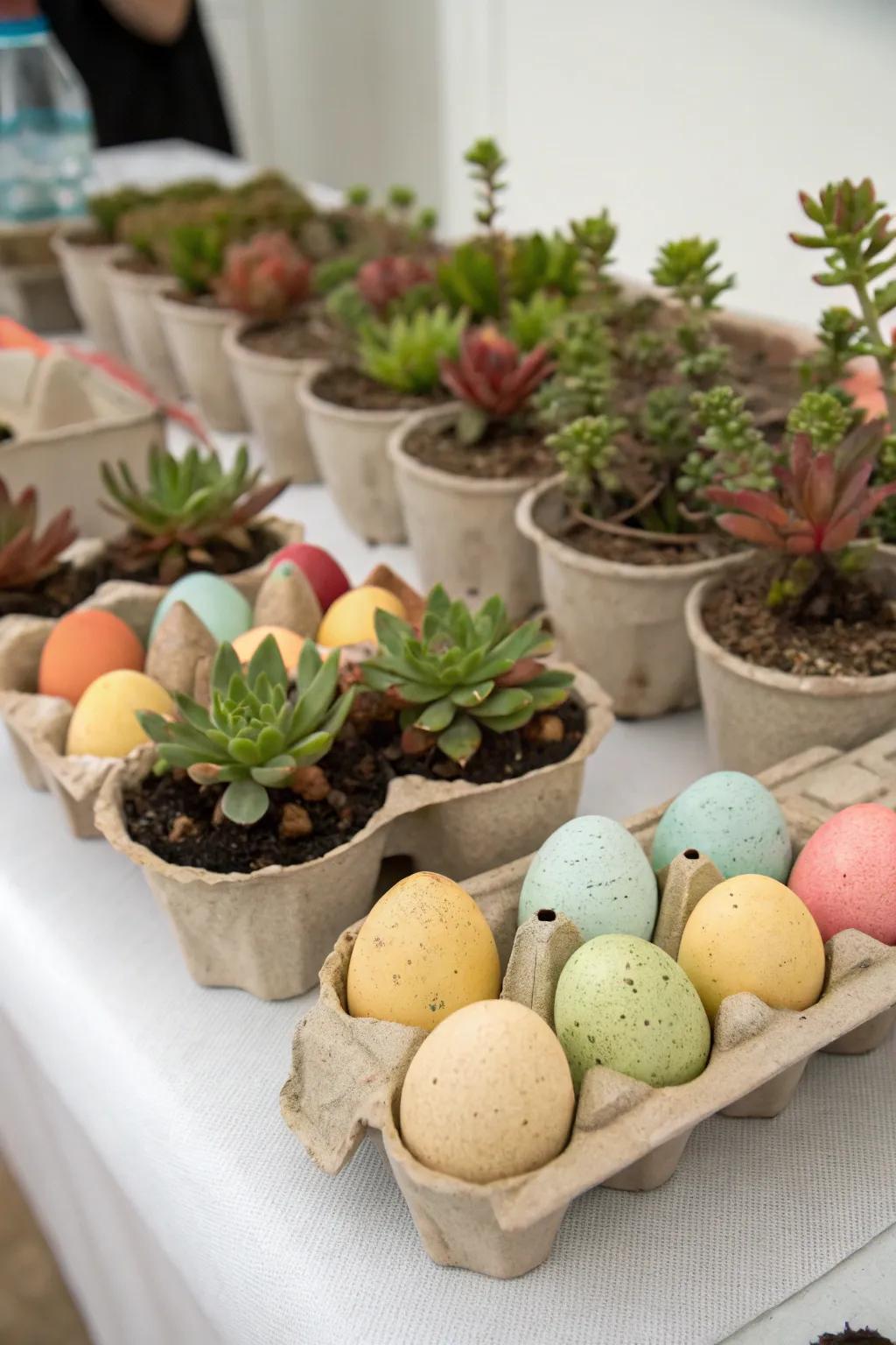 Egg cartons repurposed with succulents add a quirky farm touch.