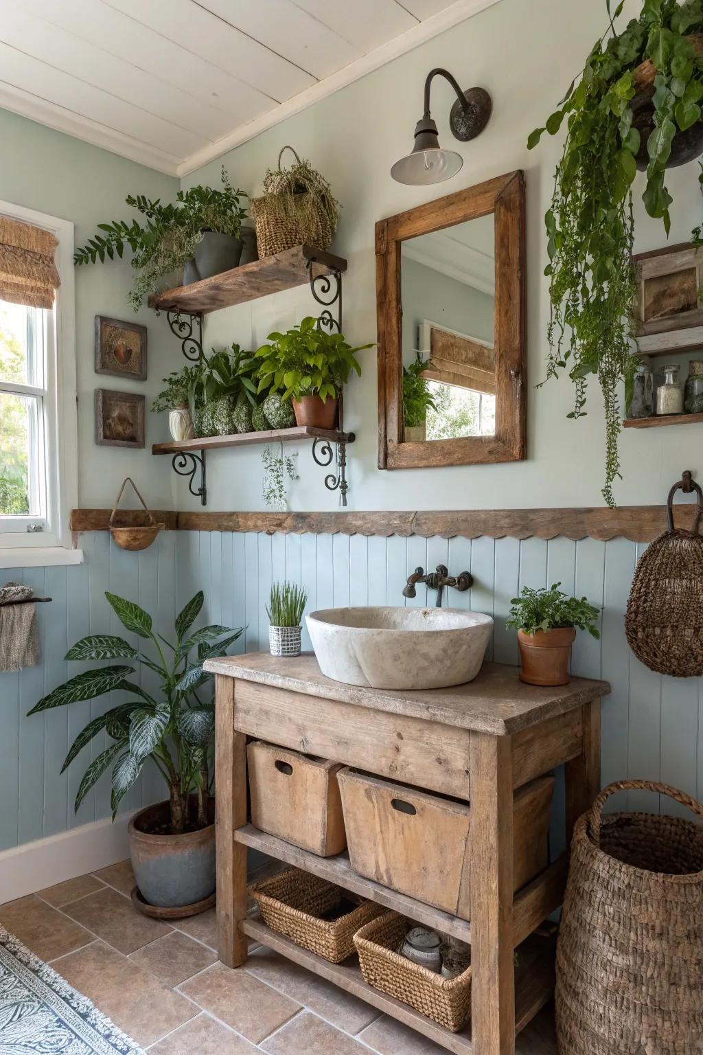 Greenery adds a fresh and calming touch to a farmhouse bathroom.