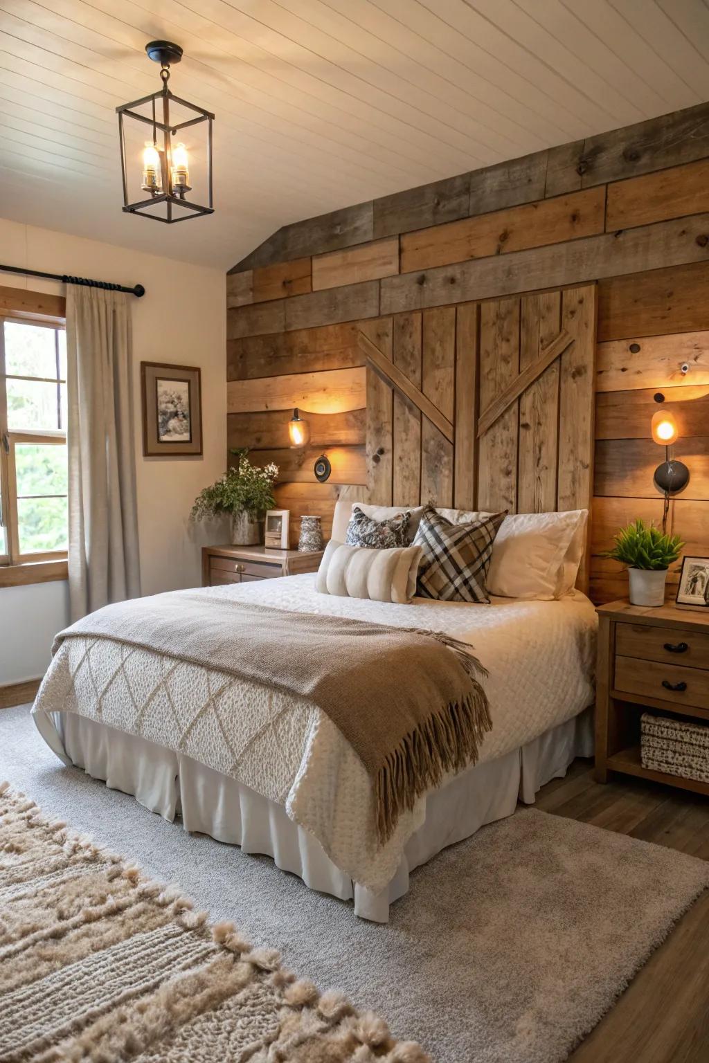 Reclaimed wood panels add rustic warmth.