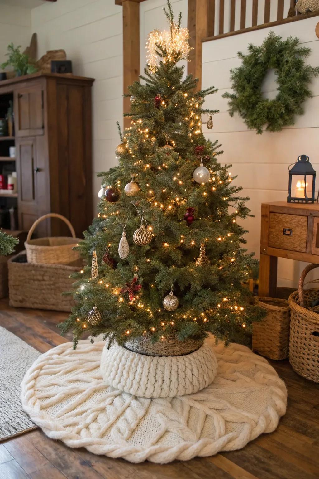 A cozy tree skirt adds warmth and texture to this farmhouse Christmas tree.