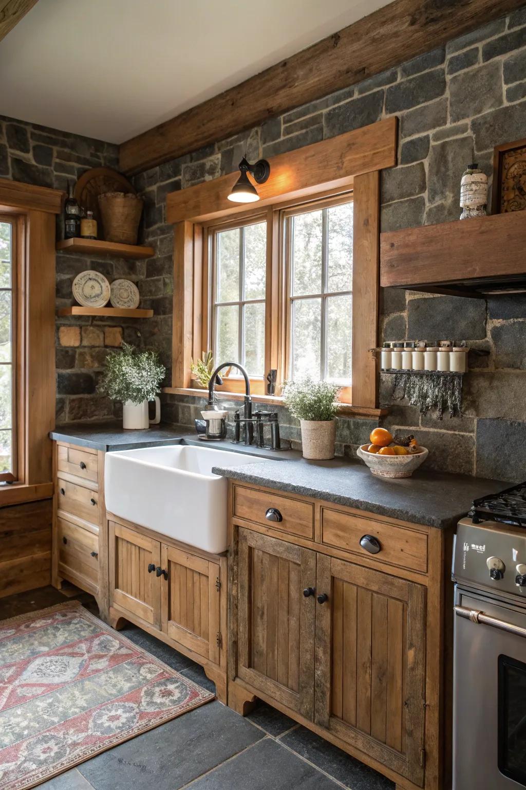 A farmhouse kitchen with a rustic slate backsplash.