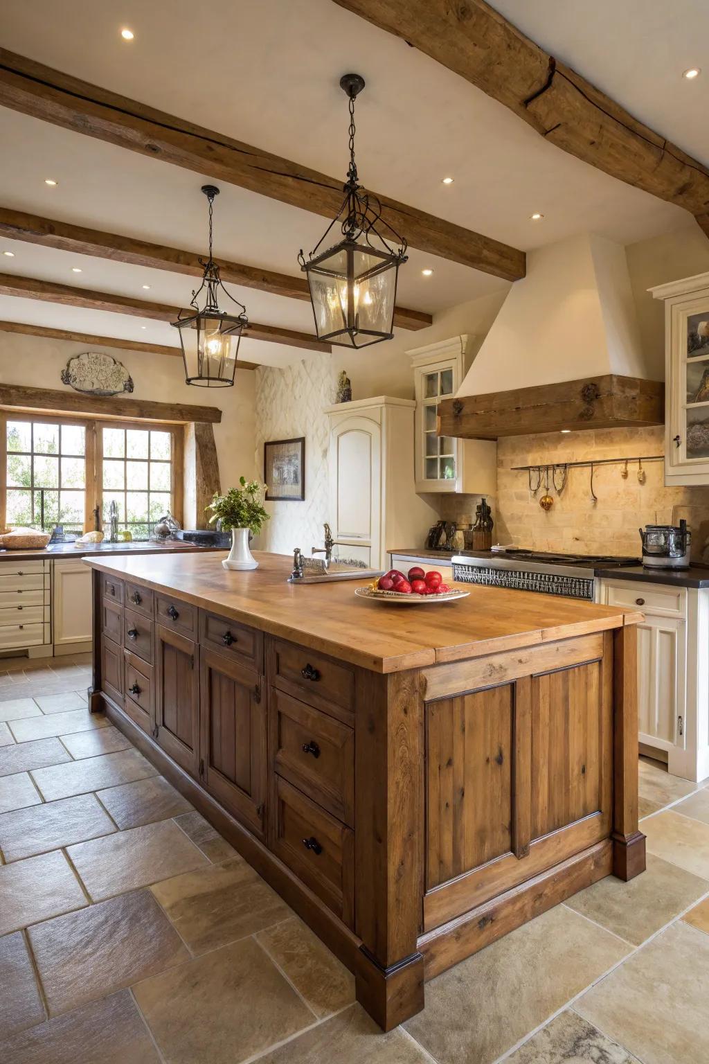 A farmhouse kitchen featuring a large wooden kitchen island.