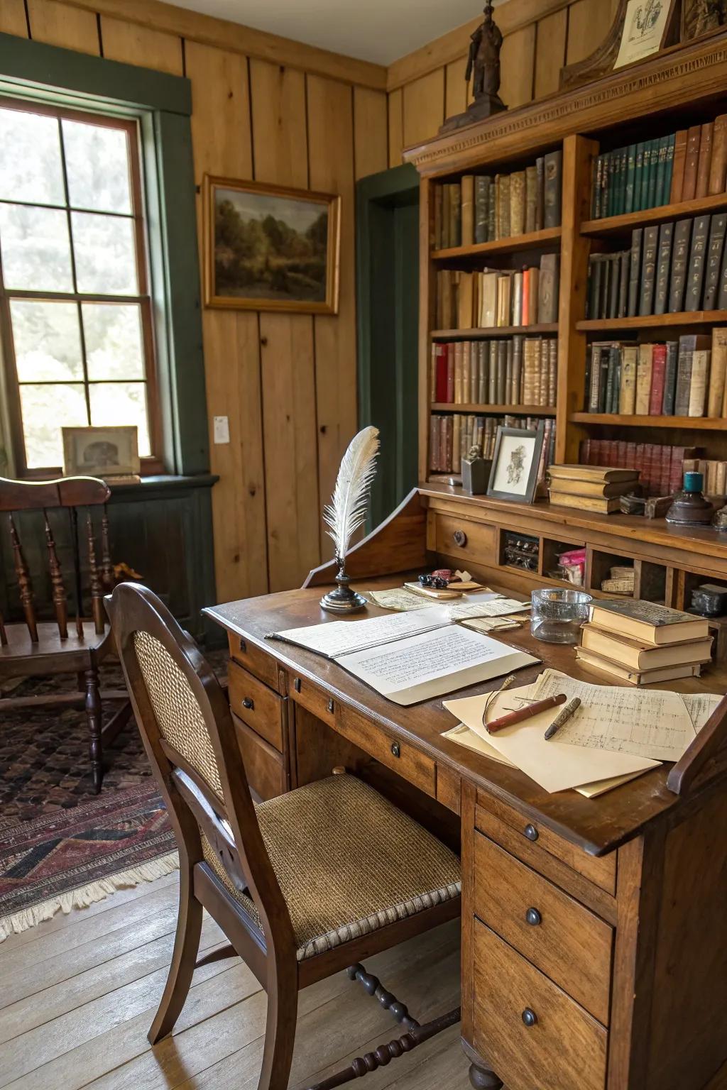 A writing desk provides a practical workspace within the library.