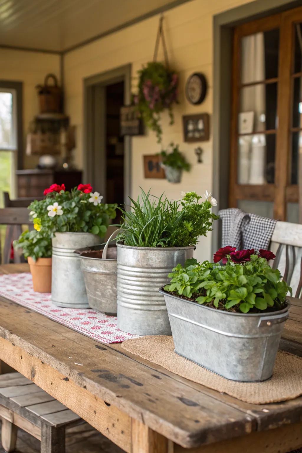 Repurposed metal items add an unexpected twist and character to your centerpiece.