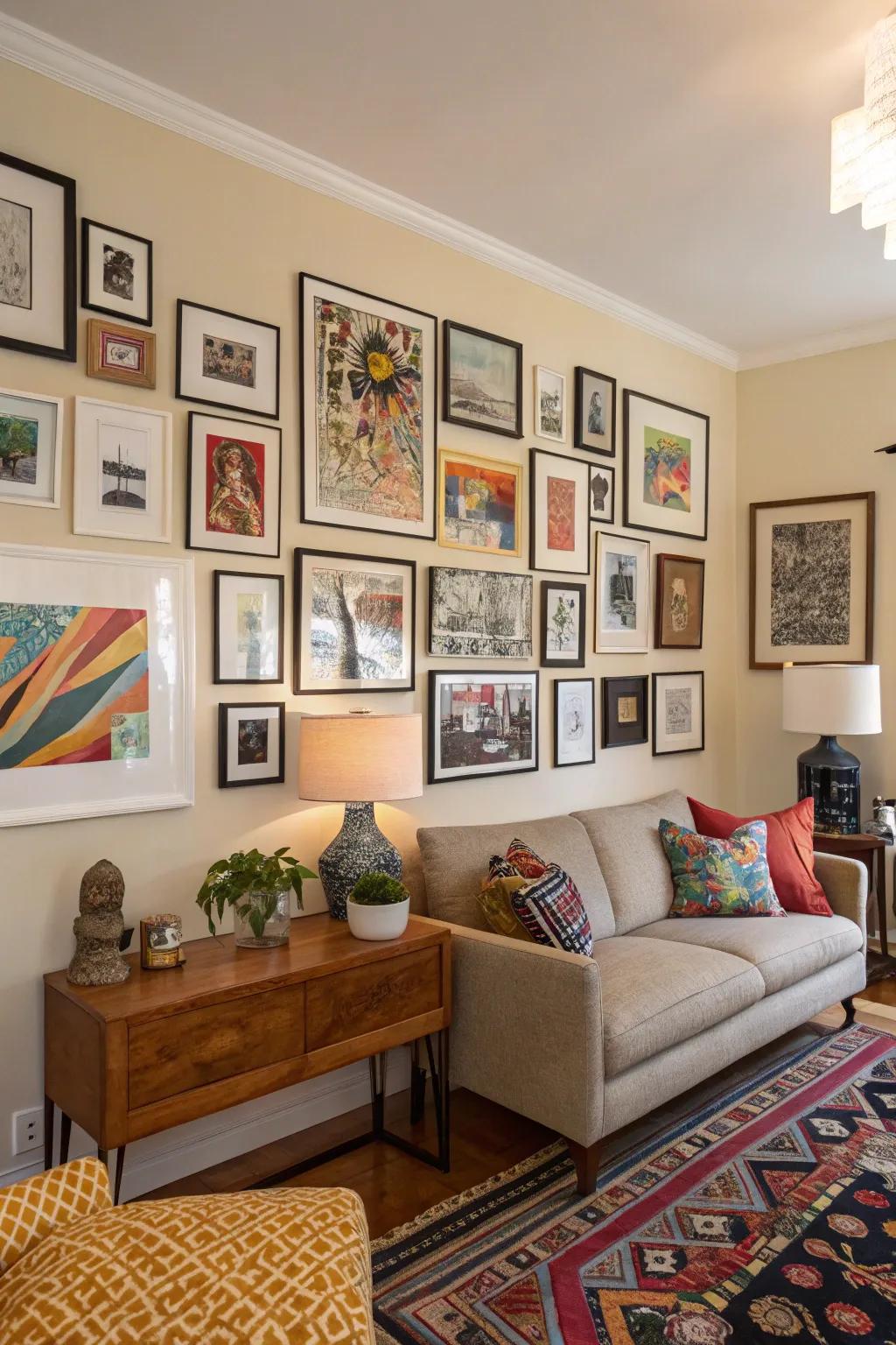 A living room featuring a diverse and personalized gallery wall.