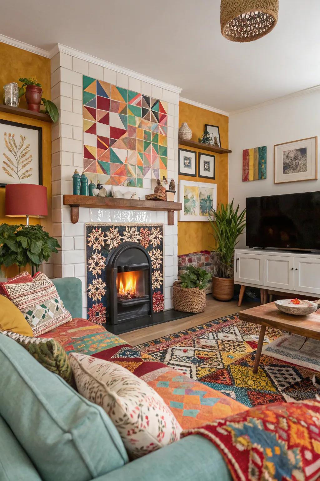 A vibrant living room featuring a fireplace with geometric tile patterns.