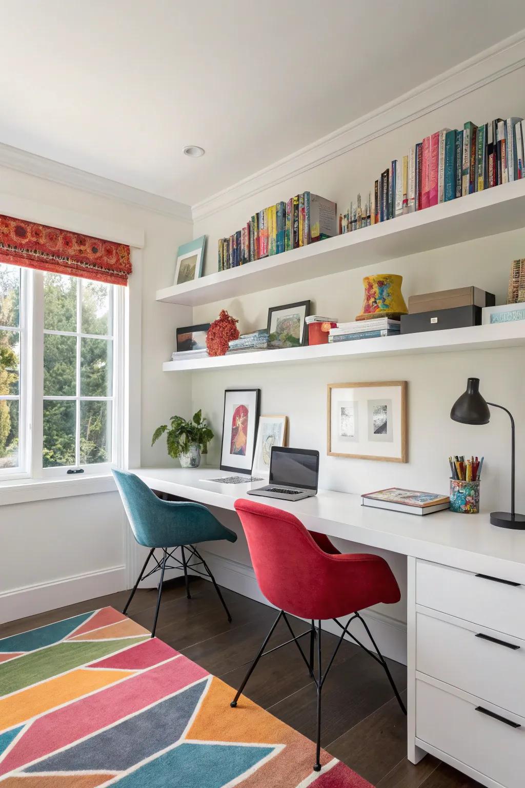 Add a surprising pop of color with painted undersides of floating shelves.