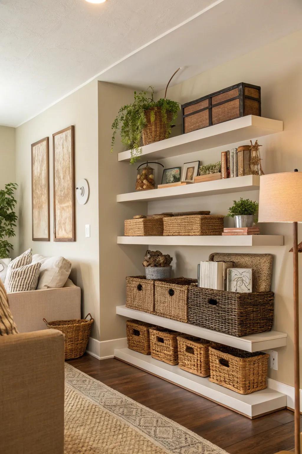 Floating shelves doubling as stylish storage solutions