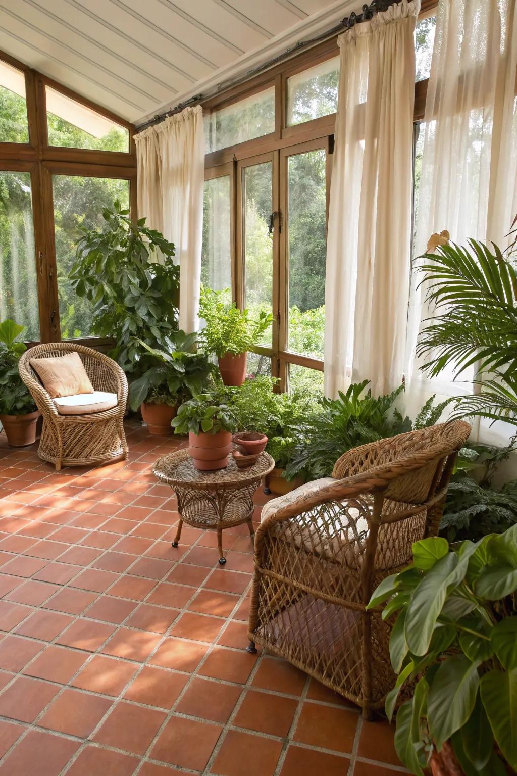 Terracotta tiles offer a rustic, inviting charm.