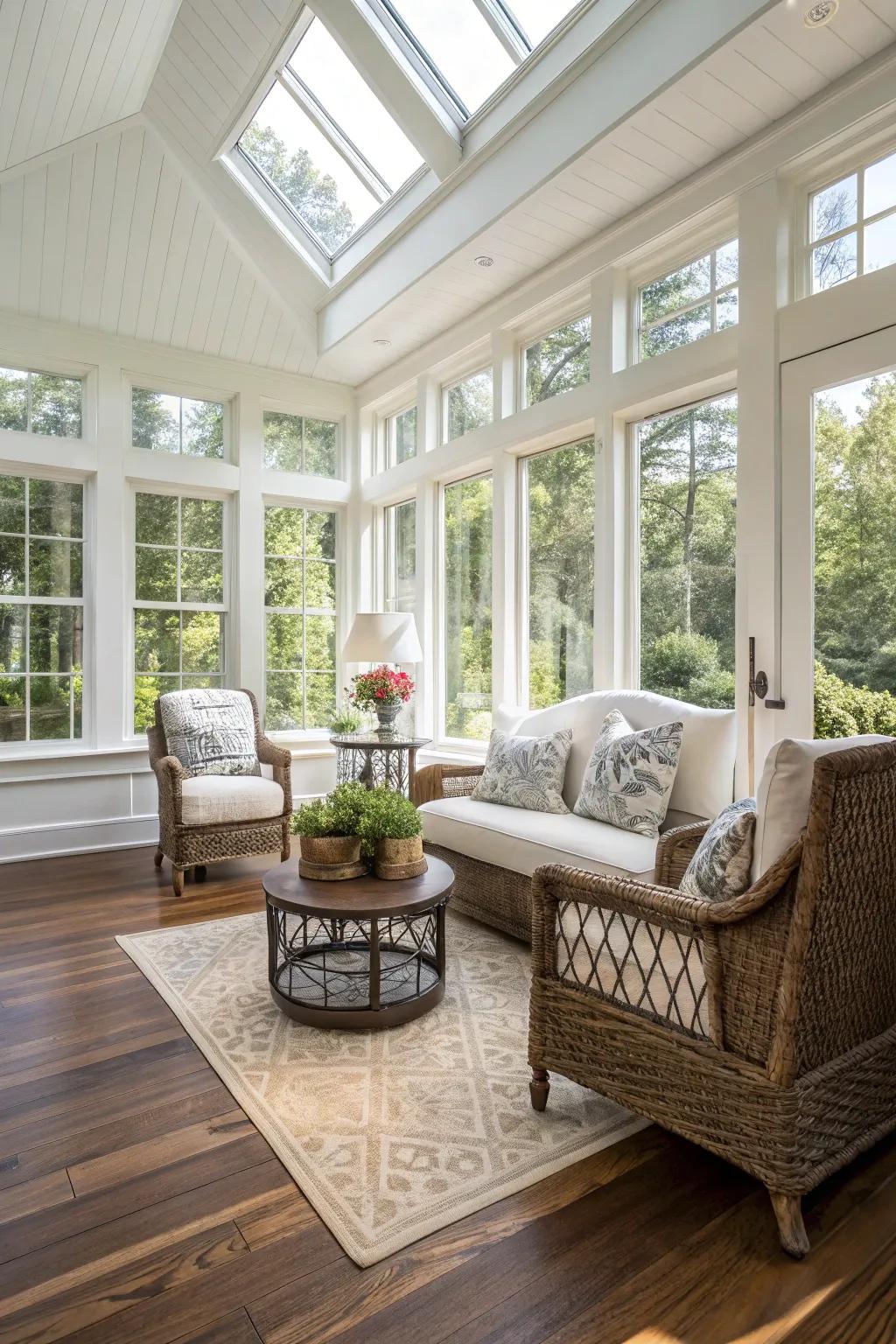 Stable and stylish sunroom with engineered wood flooring.