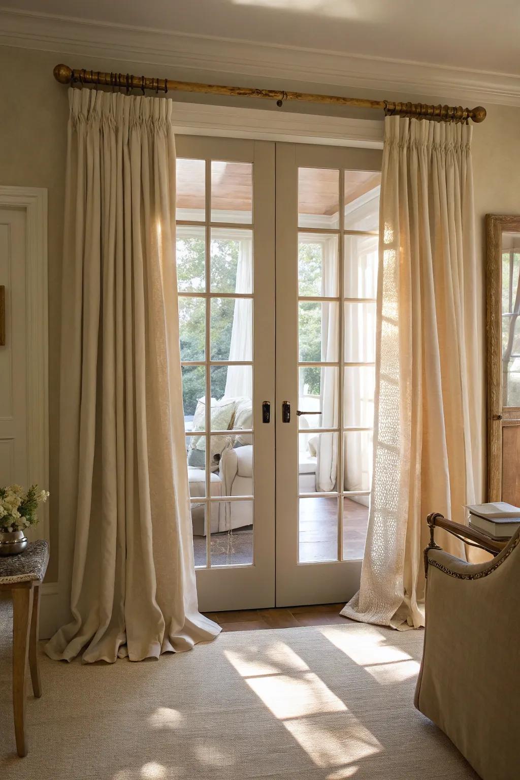 Linen drapery adds charm to French doors.