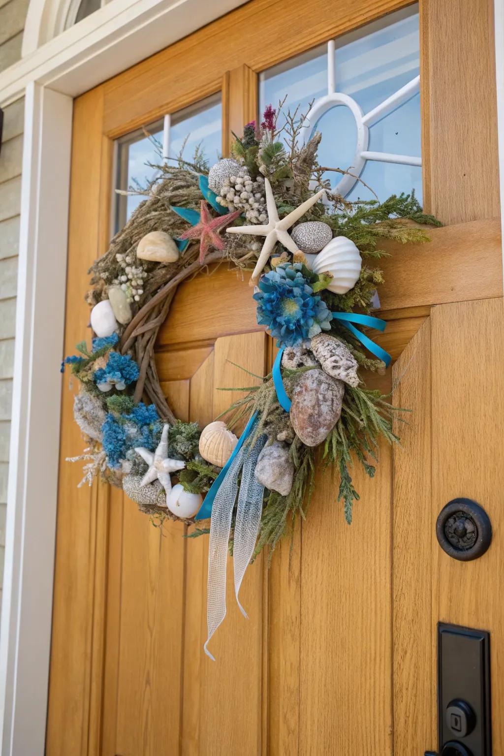 A beachy coastal wreath capturing the essence of seaside serenity.