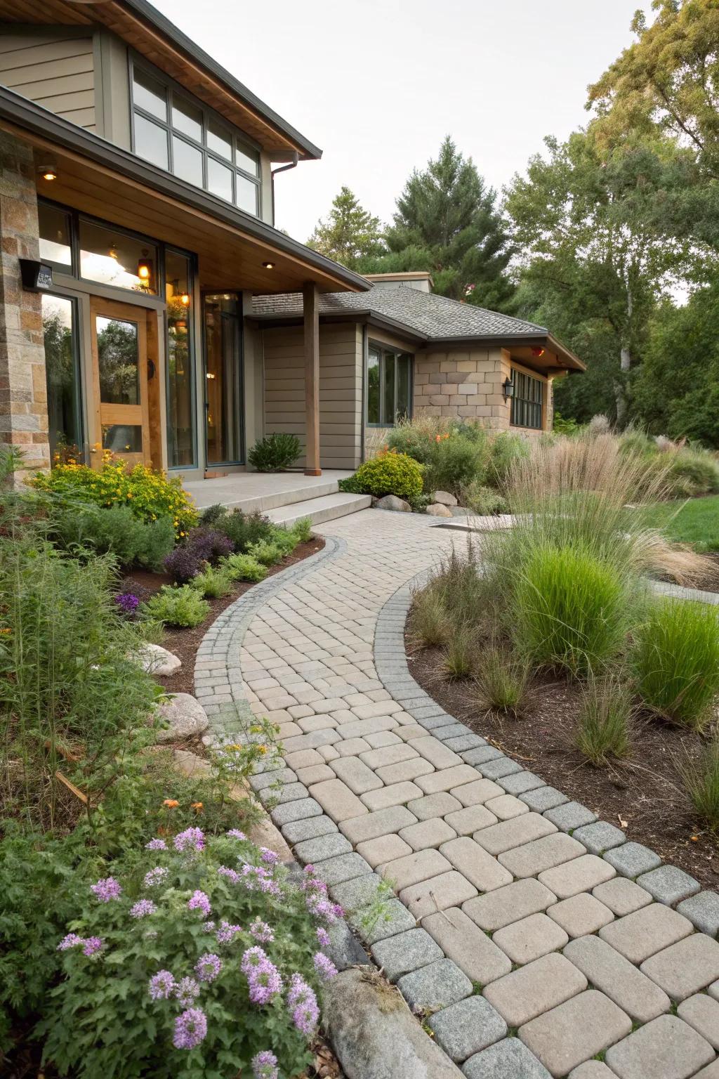 Eco-friendly permeable pavers for a sustainable entrance.