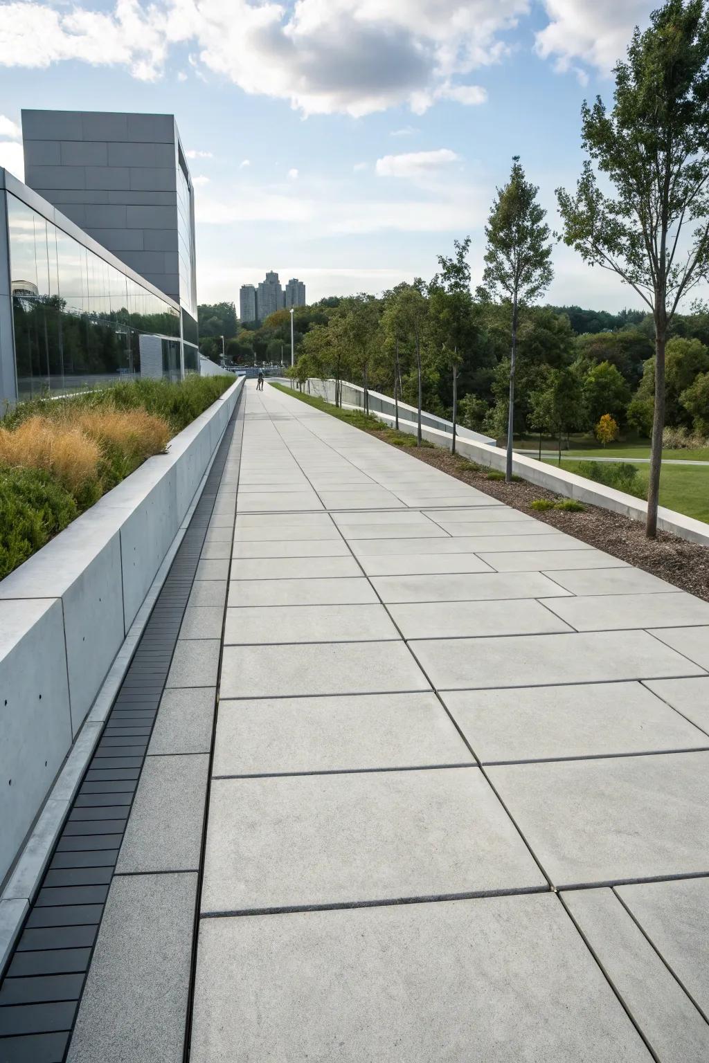 A modern walkway featuring sleek, large concrete pavers.